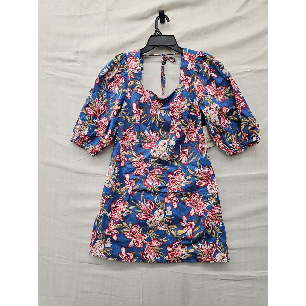 A New Day Womens Floral Puff Sleeve Mini Dress Blue Cotton Linen Size Small